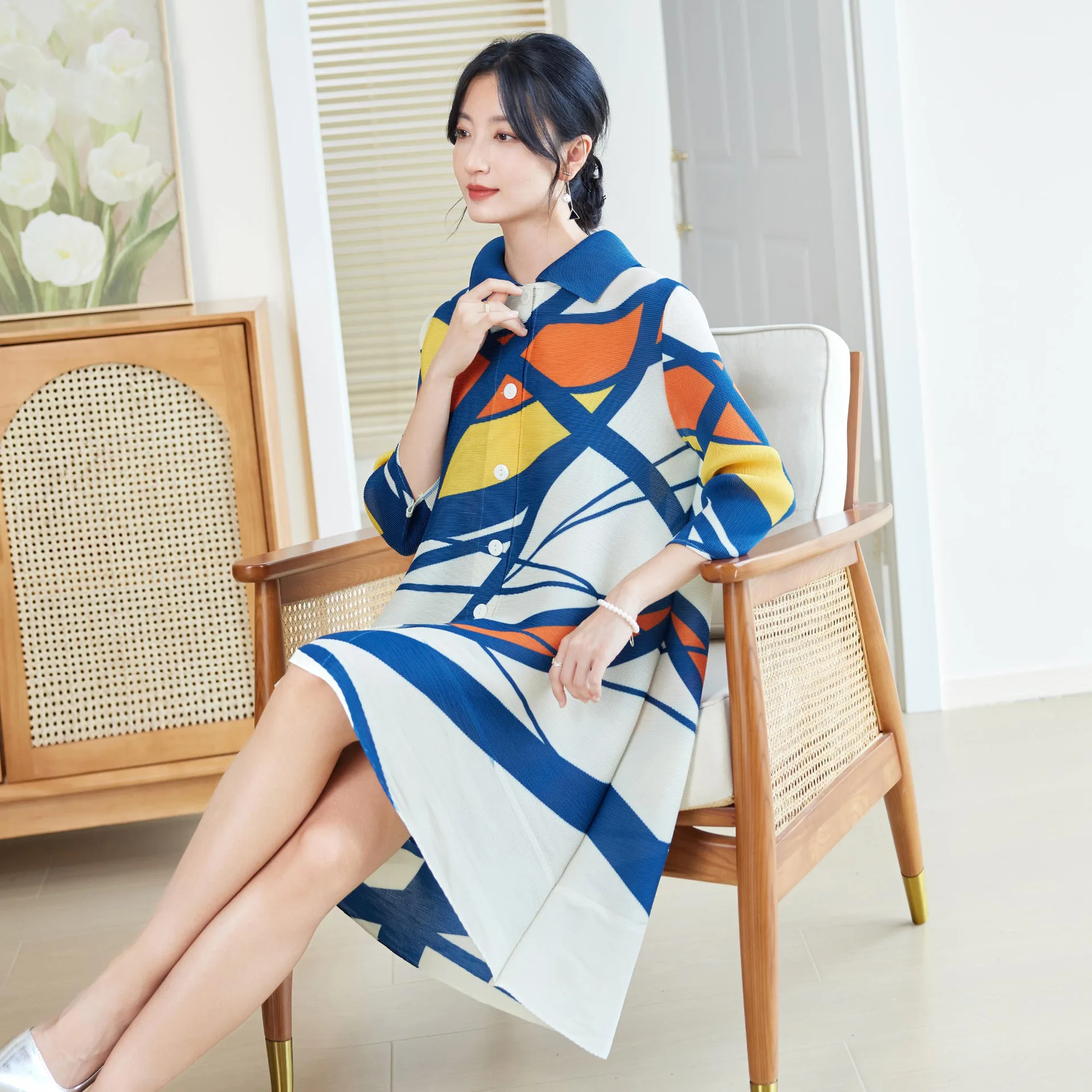 Longline Cardigan Knit - Gaun Lipit Gaya Miyake untuk Wanita