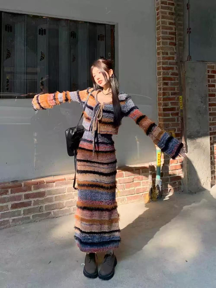Longline Cardigan Knit - Set Kardigan Rajut Bergaris Antik Kardigan