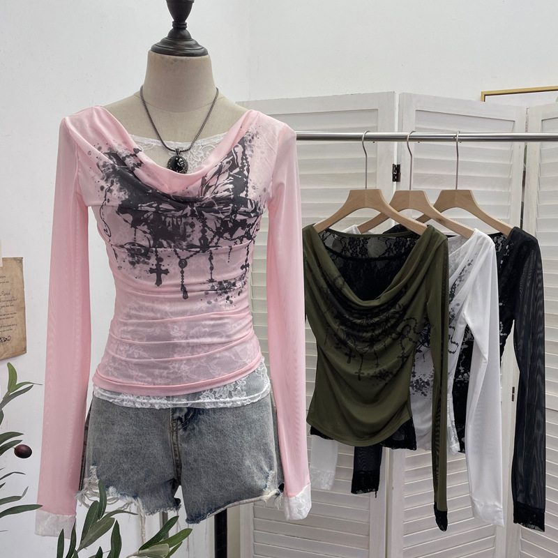 Tie Dye Two Piece - T-shirt Lengan Panjang Jaring Sambungan Renda