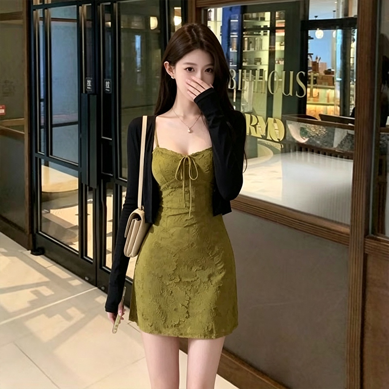 Gaun Tali Spaghetti Seksi 2PCS - Longline Cardigan Knit ulasan dan harga