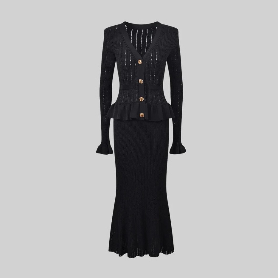 Setelan Rajutan V-neck Prancis - Longline Cardigan Knit ulasan dan harga